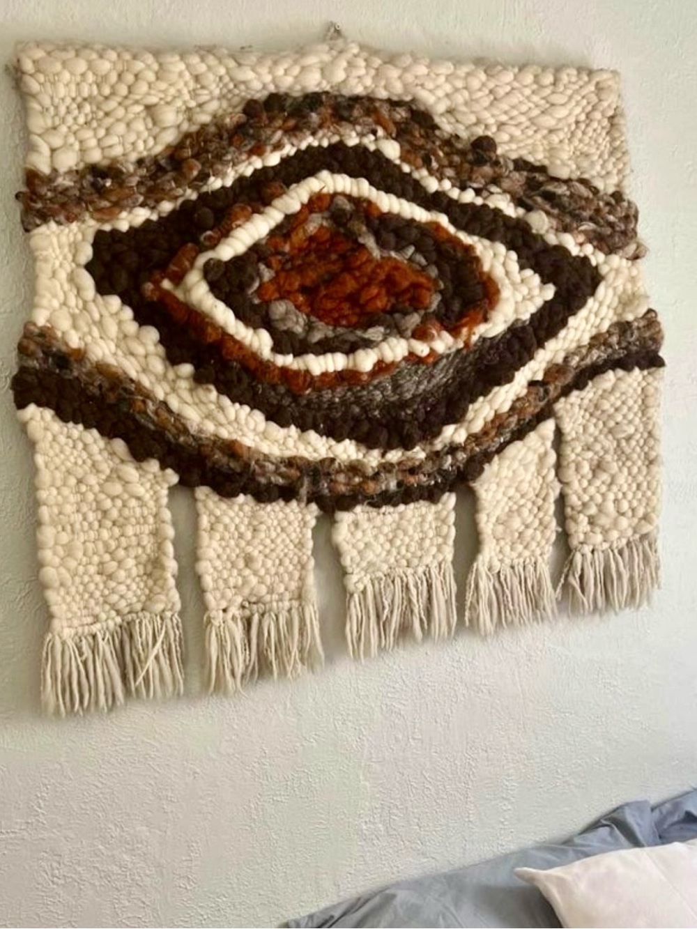 Vintage 70’s MCM Handwoven Wool Cream and Brown Boho Wall Hanging Anthropologie